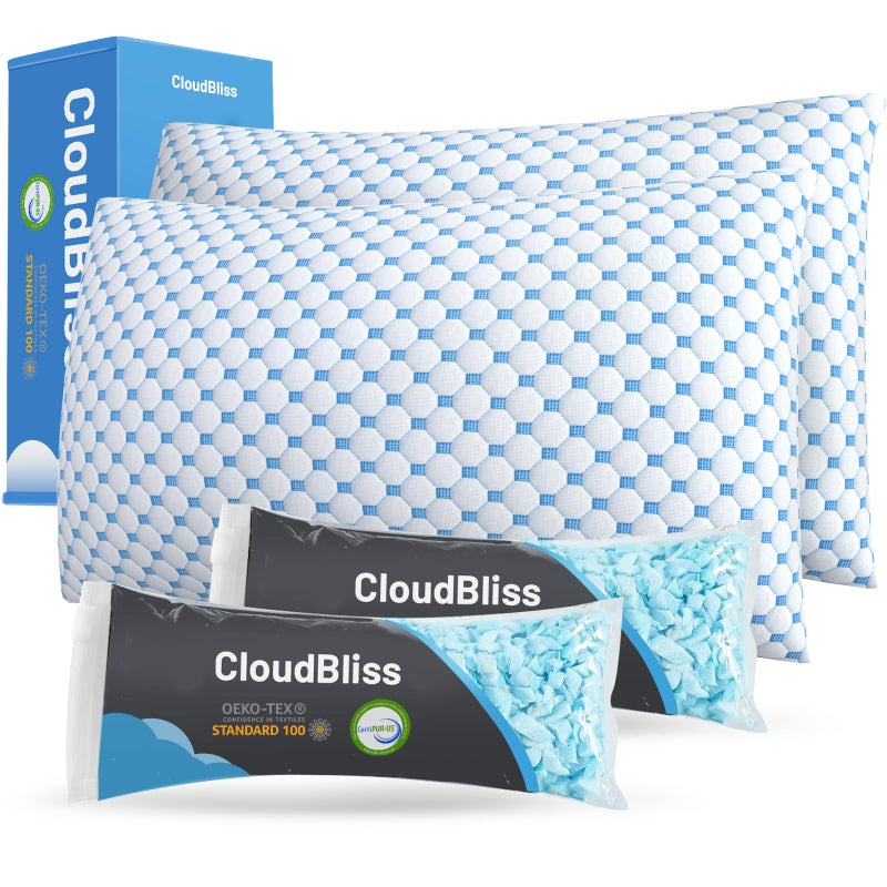 CloudBliss Shredded Memory Foam Pillow for Sleeping - Adjustable Cooling Pillow with Breathable Washable Cover, CertiPUR-US Certified, 1 Pack Queen Size for Side/Back/Stomach Sleepers - Image 1